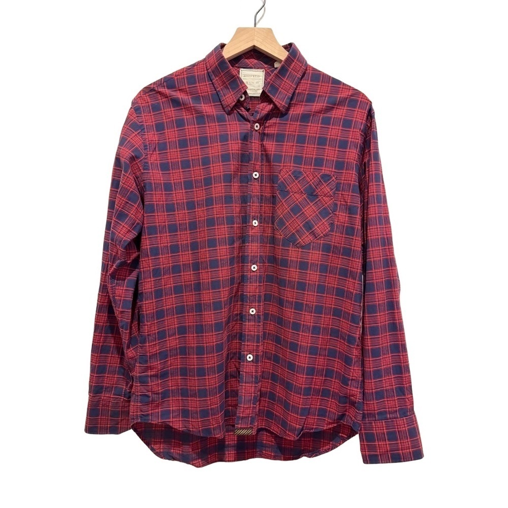 Billy Reid Mens Size M Red Navy Plaid Long Sleeve Button Up Shirt